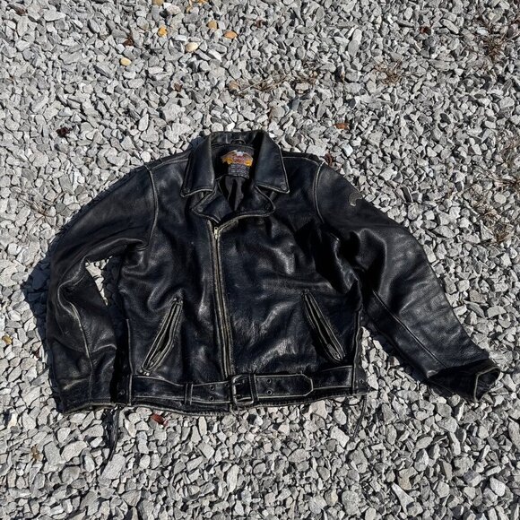 Vintage Harley-Davidson Black Leather Jacket Eagle Back Mens Size L - Picture 1 of 13